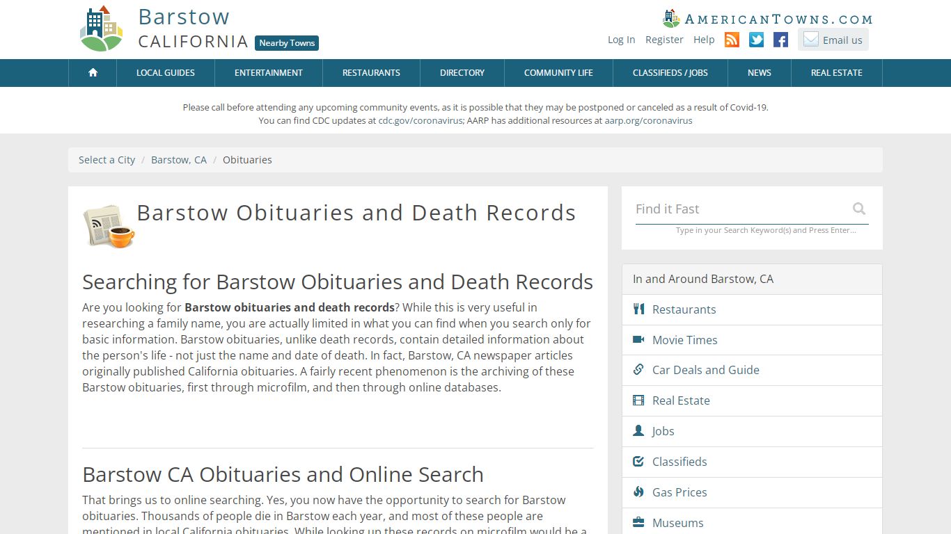 Obituaries Barstow CA - Barstow Death Records