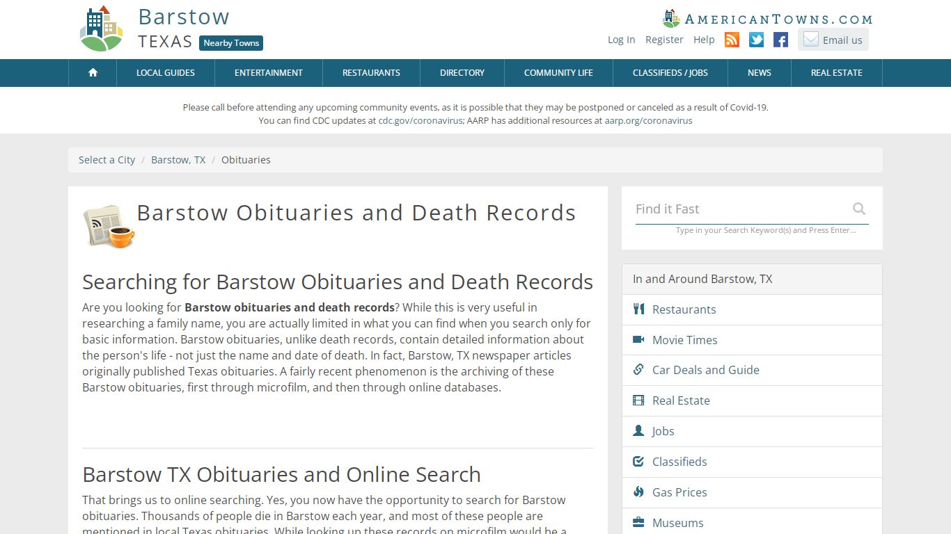 Obituaries Barstow TX - Barstow Death Records